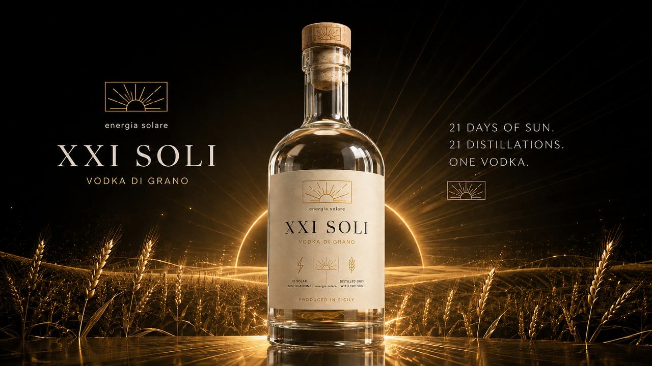 XXI SOLI GRANO — Sicilian vodka bottle in golden wheat light